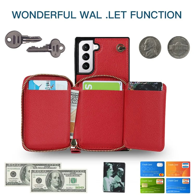 For Samsung Galaxy S21 4G / 5G Cell Phone Cases Zipper Wallet TPU+PU Cover with Long Strap