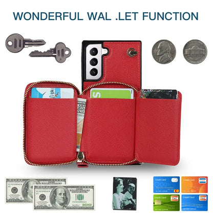 For Samsung Galaxy S21 4G / 5G Cell Phone Cases Zipper Wallet TPU+PU Cover with Long Strap