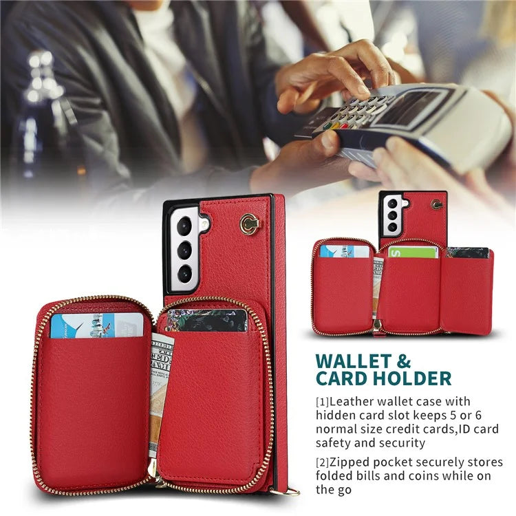 For Samsung Galaxy S21 4G / 5G Cell Phone Cases Zipper Wallet TPU+PU Cover with Long Strap