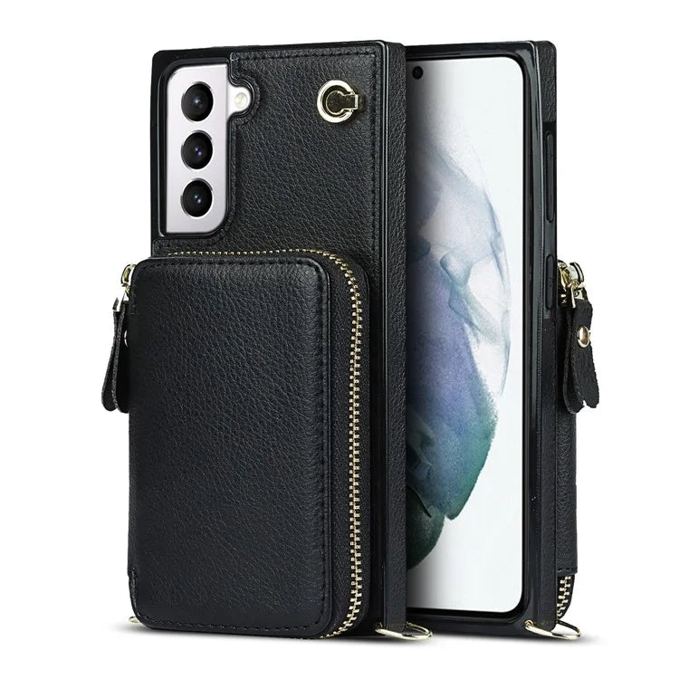 For Samsung Galaxy S21 4G / 5G Cell Phone Cases Zipper Wallet TPU+PU Cover with Long Strap