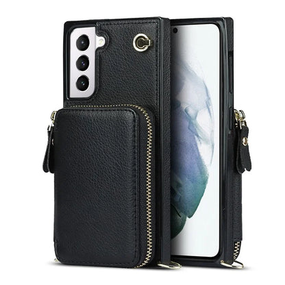 For Samsung Galaxy S21 4G / 5G Cell Phone Cases Zipper Wallet TPU+PU Cover with Long Strap