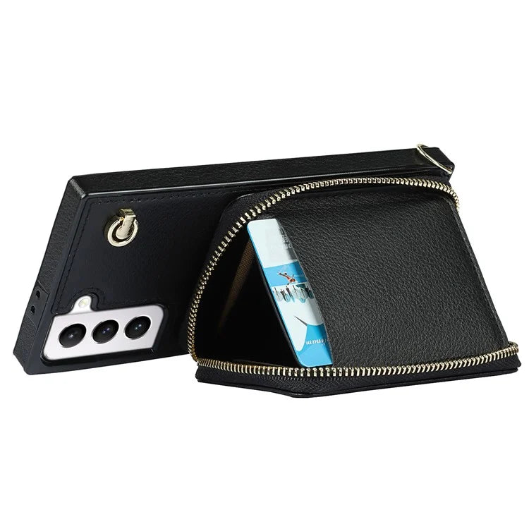 For Samsung Galaxy S21 4G / 5G Cell Phone Cases Zipper Wallet TPU+PU Cover with Long Strap