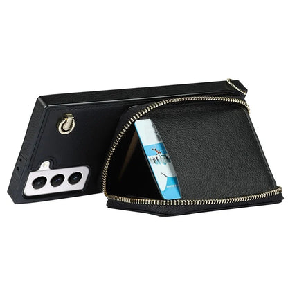 For Samsung Galaxy S21 4G / 5G Cell Phone Cases Zipper Wallet TPU+PU Cover with Long Strap