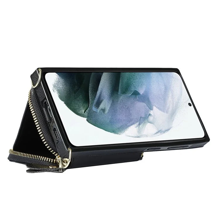 For Samsung Galaxy S21 4G / 5G Cell Phone Cases Zipper Wallet TPU+PU Cover with Long Strap