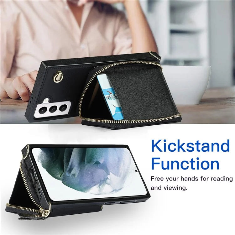 For Samsung Galaxy S21 4G / 5G Cell Phone Cases Zipper Wallet TPU+PU Cover with Long Strap