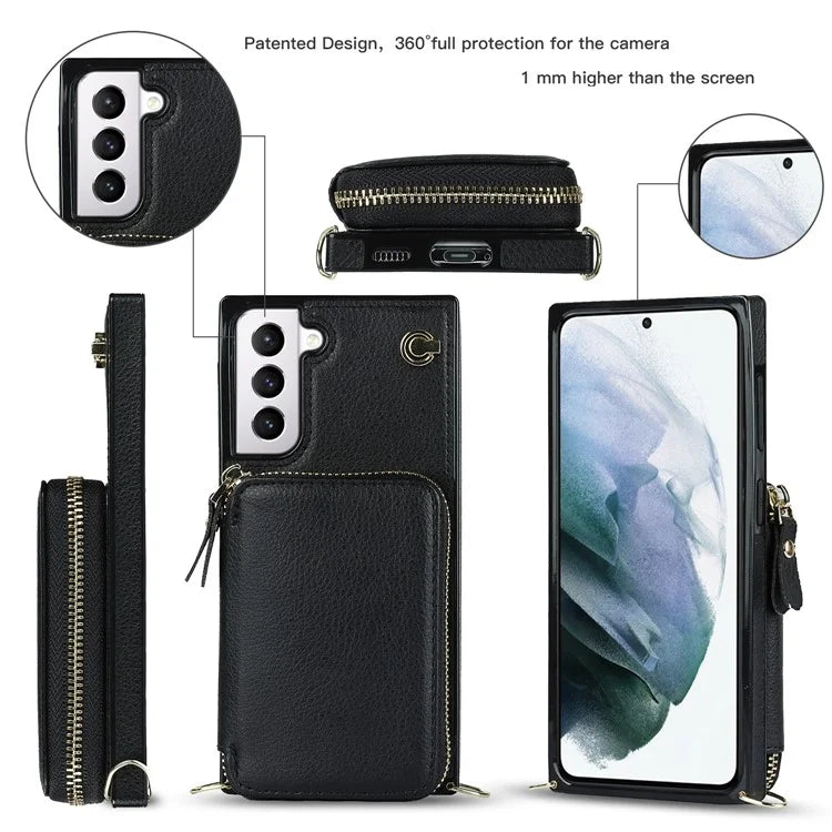 For Samsung Galaxy S21 4G / 5G Cell Phone Cases Zipper Wallet TPU+PU Cover with Long Strap