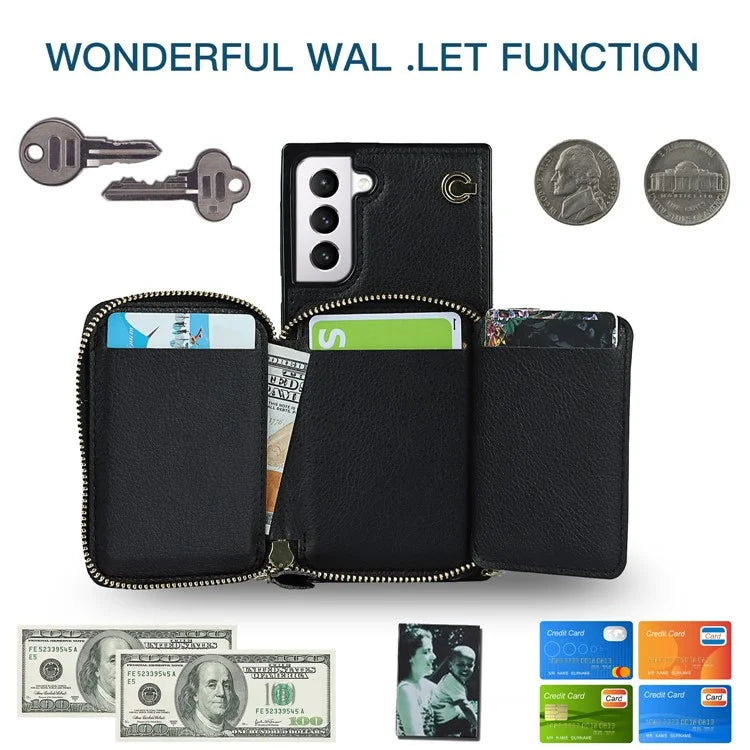 For Samsung Galaxy S21 4G / 5G Cell Phone Cases Zipper Wallet TPU+PU Cover with Long Strap