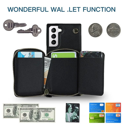 For Samsung Galaxy S21 4G / 5G Cell Phone Cases Zipper Wallet TPU+PU Cover with Long Strap