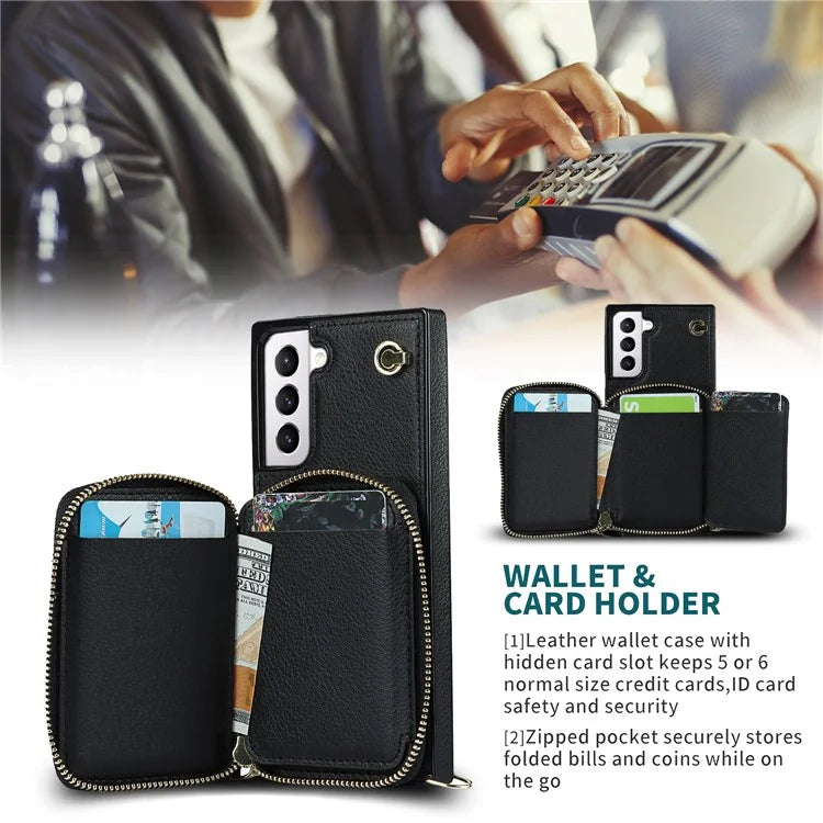 For Samsung Galaxy S21 4G / 5G Cell Phone Cases Zipper Wallet TPU+PU Cover with Long Strap