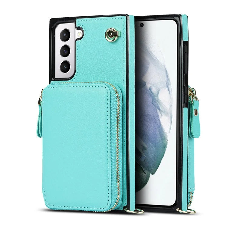 For Samsung Galaxy S21 4G / 5G Cell Phone Cases Zipper Wallet TPU+PU Cover with Long Strap