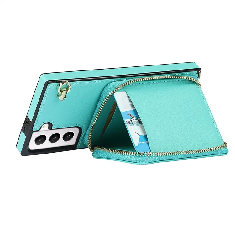 For Samsung Galaxy S21 4G / 5G Cell Phone Cases Zipper Wallet TPU+PU Cover with Long Strap