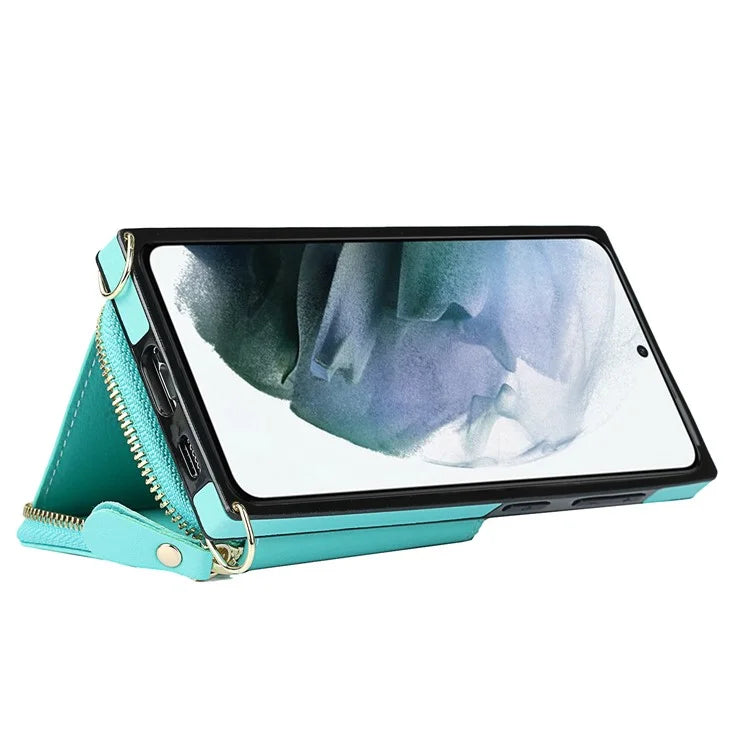 For Samsung Galaxy S21 4G / 5G Cell Phone Cases Zipper Wallet TPU+PU Cover with Long Strap