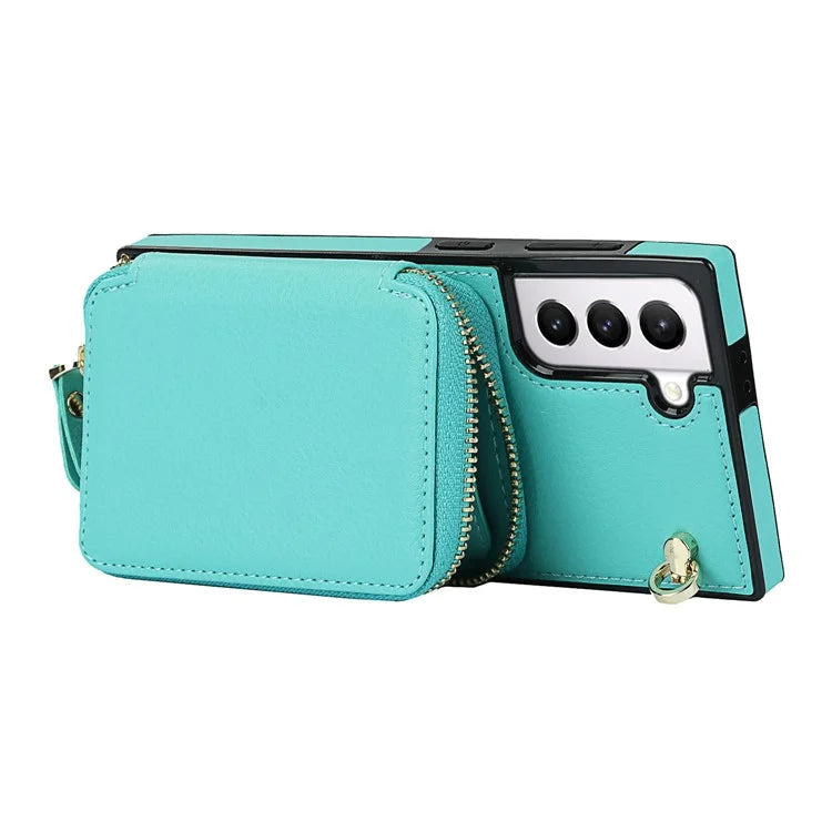 For Samsung Galaxy S21 4G / 5G Cell Phone Cases Zipper Wallet TPU+PU Cover with Long Strap