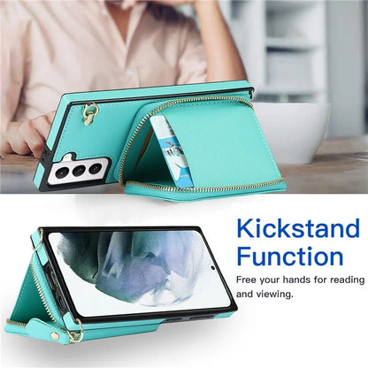 For Samsung Galaxy S21 4G / 5G Cell Phone Cases Zipper Wallet TPU+PU Cover with Long Strap
