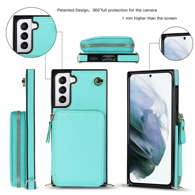 For Samsung Galaxy S21 4G / 5G Cell Phone Cases Zipper Wallet TPU+PU Cover with Long Strap