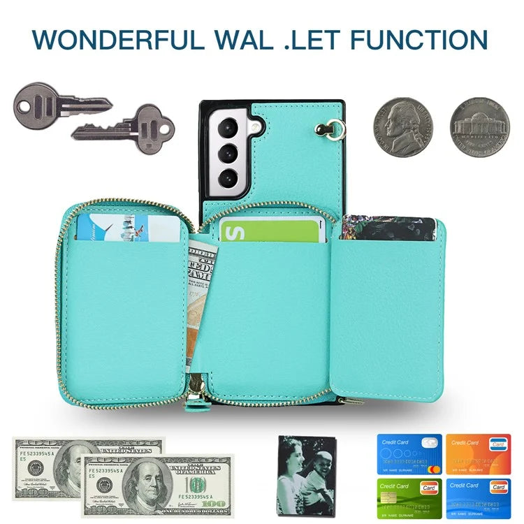 For Samsung Galaxy S21 4G / 5G Cell Phone Cases Zipper Wallet TPU+PU Cover with Long Strap