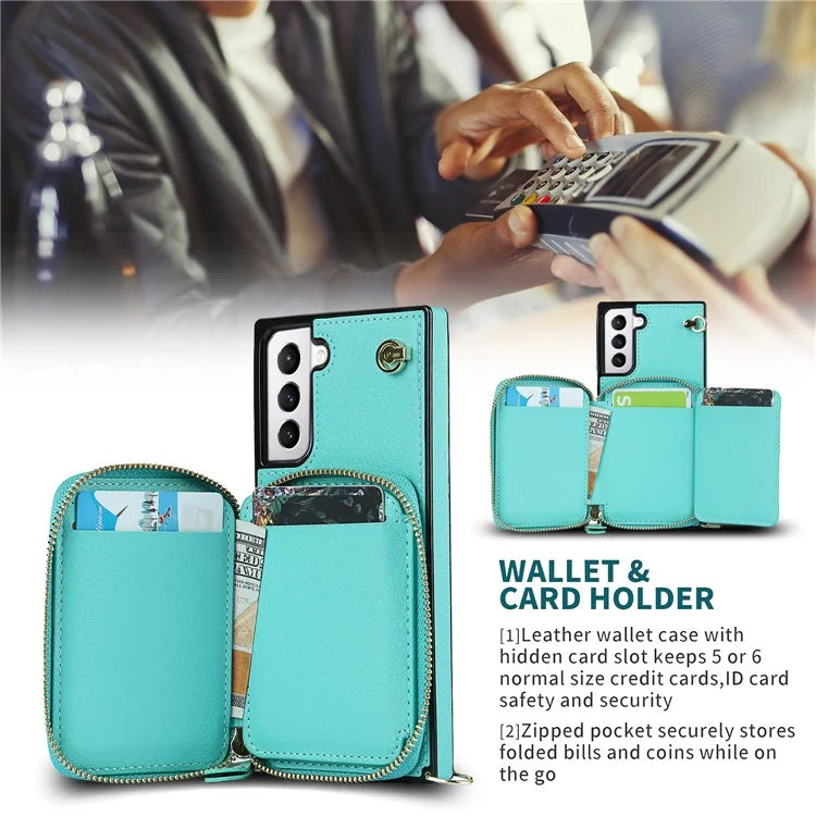 For Samsung Galaxy S21 4G / 5G Cell Phone Cases Zipper Wallet TPU+PU Cover with Long Strap