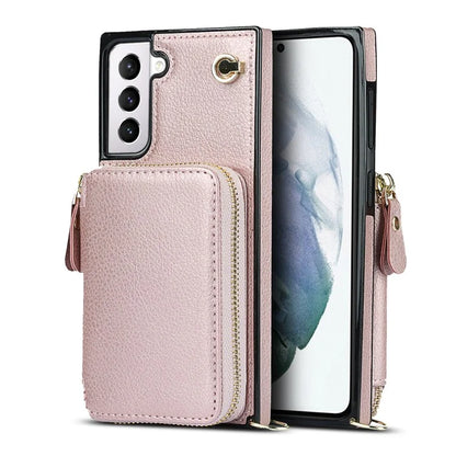 For Samsung Galaxy S21 4G / 5G Cell Phone Cases Zipper Wallet TPU+PU Cover with Long Strap