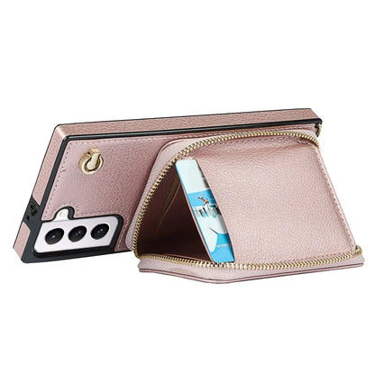 For Samsung Galaxy S21 4G / 5G Cell Phone Cases Zipper Wallet TPU+PU Cover with Long Strap