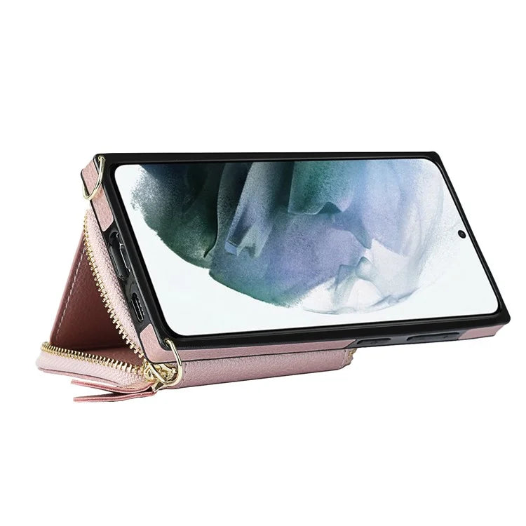 For Samsung Galaxy S21 4G / 5G Cell Phone Cases Zipper Wallet TPU+PU Cover with Long Strap