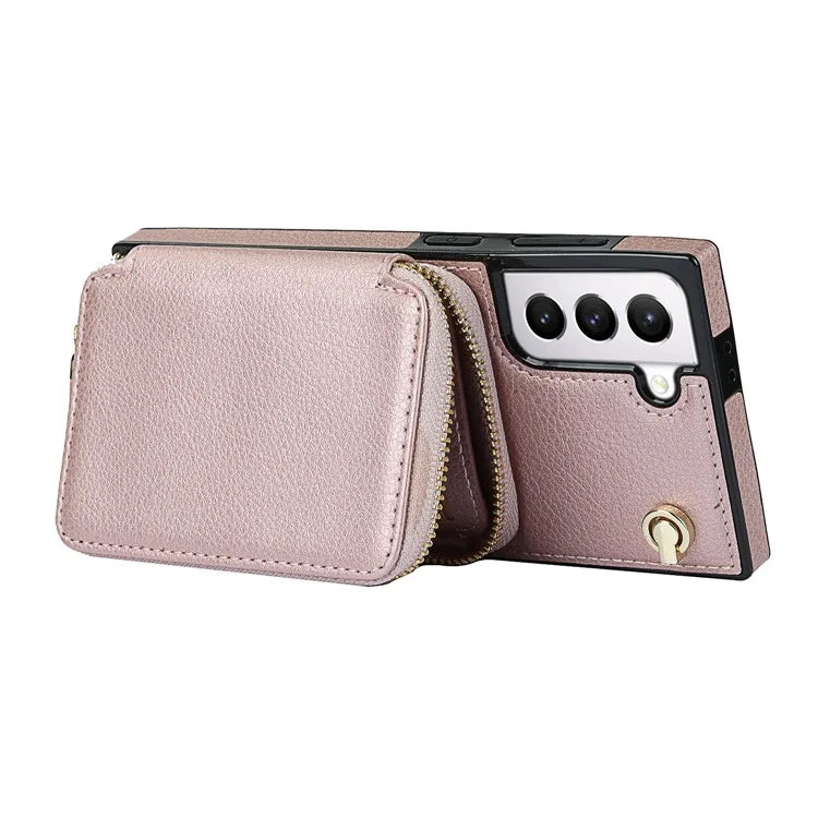 For Samsung Galaxy S21 4G / 5G Cell Phone Cases Zipper Wallet TPU+PU Cover with Long Strap