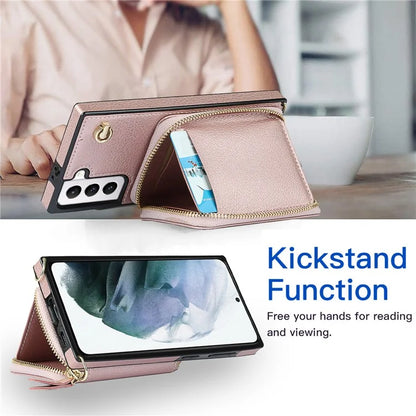 For Samsung Galaxy S21 4G / 5G Cell Phone Cases Zipper Wallet TPU+PU Cover with Long Strap