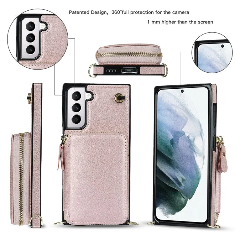 For Samsung Galaxy S21 4G / 5G Cell Phone Cases Zipper Wallet TPU+PU Cover with Long Strap