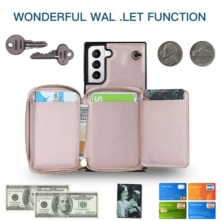 For Samsung Galaxy S21 4G / 5G Cell Phone Cases Zipper Wallet TPU+PU Cover with Long Strap