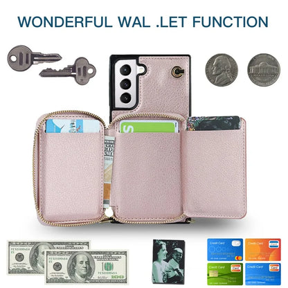 For Samsung Galaxy S21 4G / 5G Cell Phone Cases Zipper Wallet TPU+PU Cover with Long Strap