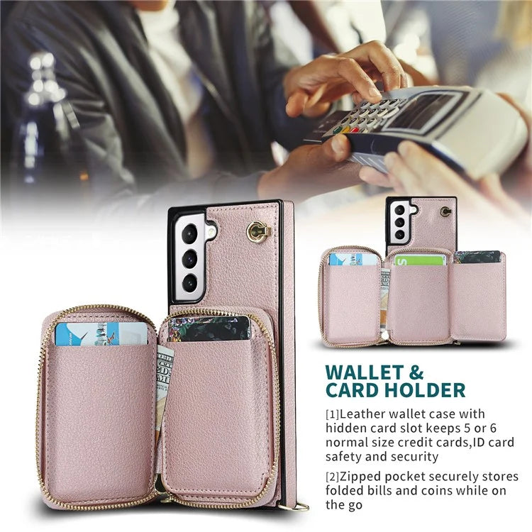 For Samsung Galaxy S21 4G / 5G Cell Phone Cases Zipper Wallet TPU+PU Cover with Long Strap