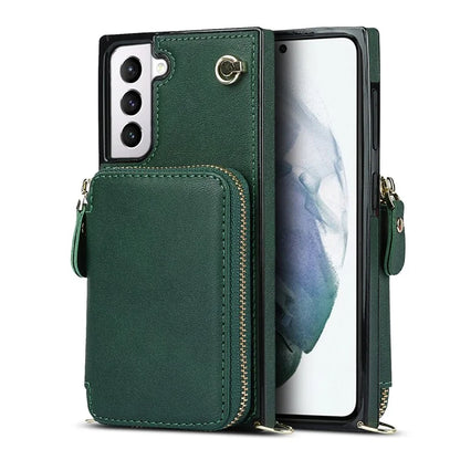 For Samsung Galaxy S21 4G / 5G Cell Phone Cases Zipper Wallet TPU+PU Cover with Long Strap