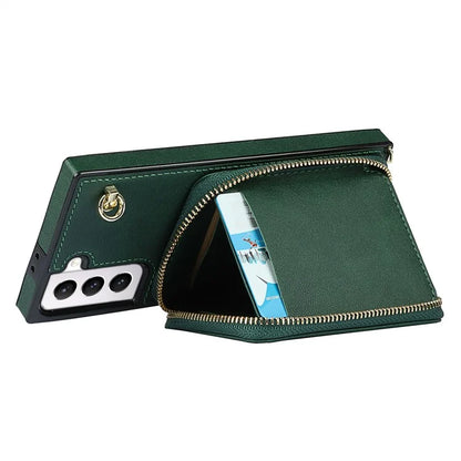For Samsung Galaxy S21 4G / 5G Cell Phone Cases Zipper Wallet TPU+PU Cover with Long Strap