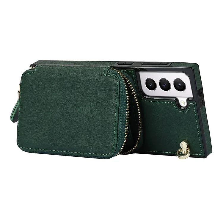 For Samsung Galaxy S21 4G / 5G Cell Phone Cases Zipper Wallet TPU+PU Cover with Long Strap
