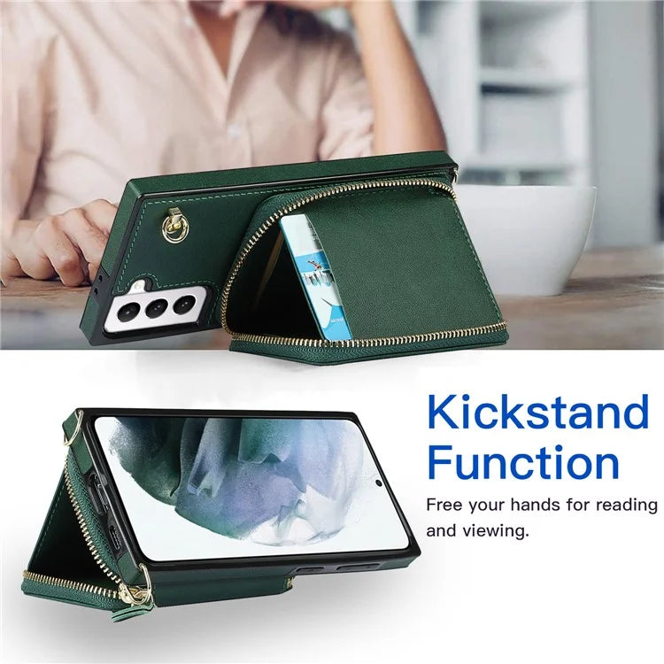 For Samsung Galaxy S21 4G / 5G Cell Phone Cases Zipper Wallet TPU+PU Cover with Long Strap
