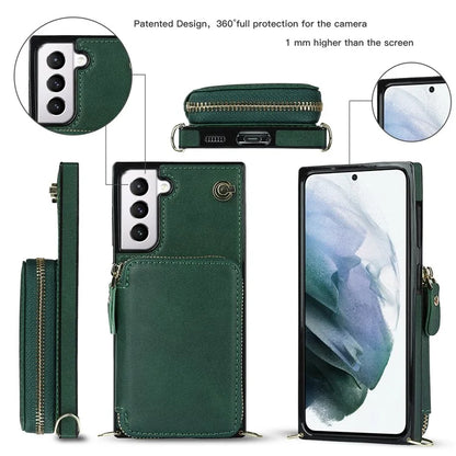 For Samsung Galaxy S21 4G / 5G Cell Phone Cases Zipper Wallet TPU+PU Cover with Long Strap