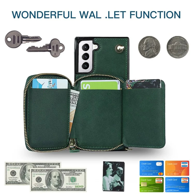 For Samsung Galaxy S21 4G / 5G Cell Phone Cases Zipper Wallet TPU+PU Cover with Long Strap