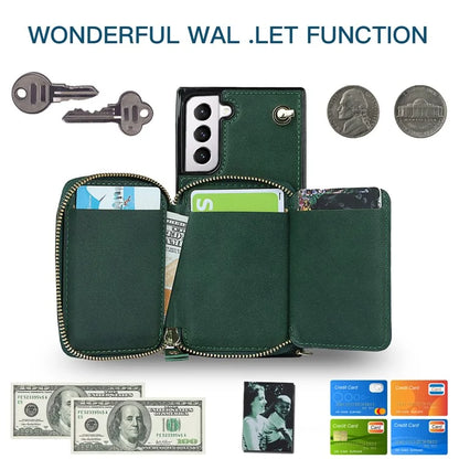 For Samsung Galaxy S21 4G / 5G Cell Phone Cases Zipper Wallet TPU+PU Cover with Long Strap