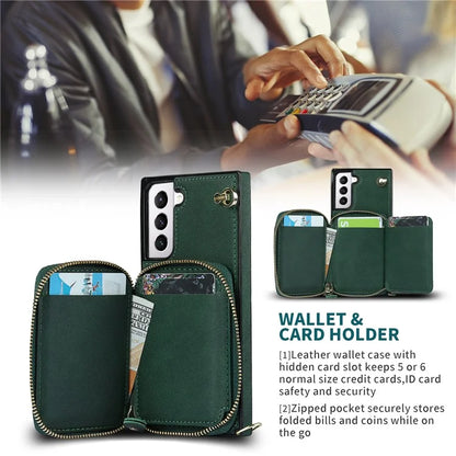For Samsung Galaxy S21 4G / 5G Cell Phone Cases Zipper Wallet TPU+PU Cover with Long Strap