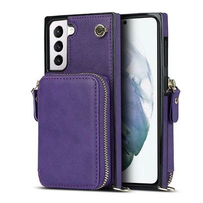 For Samsung Galaxy S21 4G / 5G Cell Phone Cases Zipper Wallet TPU+PU Cover with Long Strap