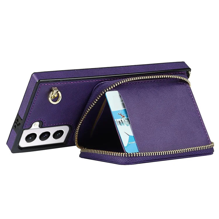 For Samsung Galaxy S21 4G / 5G Cell Phone Cases Zipper Wallet TPU+PU Cover with Long Strap