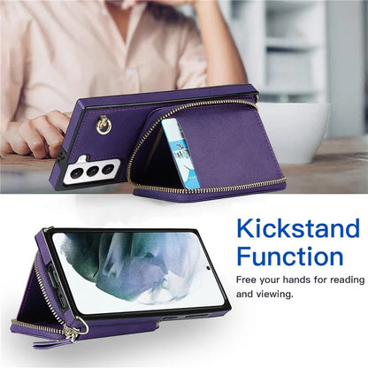 For Samsung Galaxy S21 4G / 5G Cell Phone Cases Zipper Wallet TPU+PU Cover with Long Strap