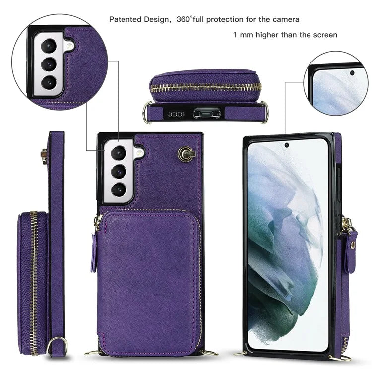 For Samsung Galaxy S21 4G / 5G Cell Phone Cases Zipper Wallet TPU+PU Cover with Long Strap