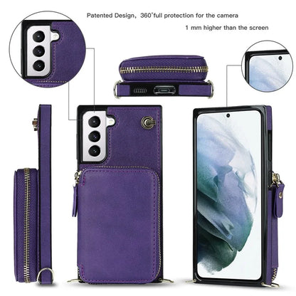 For Samsung Galaxy S21 4G / 5G Cell Phone Cases Zipper Wallet TPU+PU Cover with Long Strap
