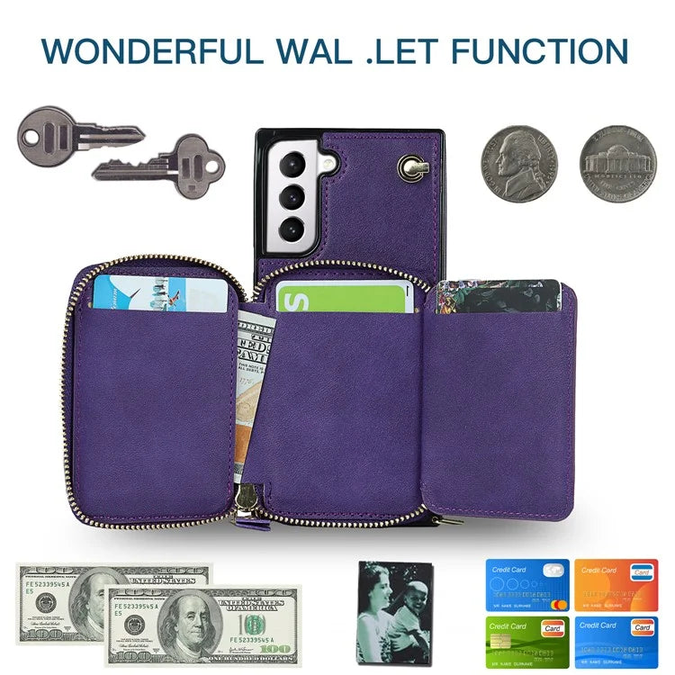 For Samsung Galaxy S21 4G / 5G Cell Phone Cases Zipper Wallet TPU+PU Cover with Long Strap