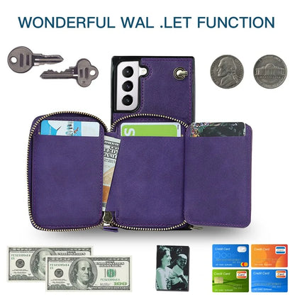 For Samsung Galaxy S21 4G / 5G Cell Phone Cases Zipper Wallet TPU+PU Cover with Long Strap