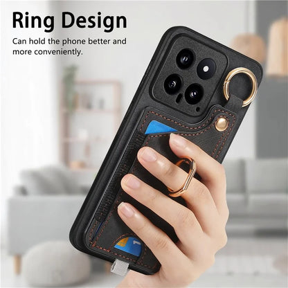 For Xiaomi 14 Case Leather Card Holder Ring Kickstand Back Cover