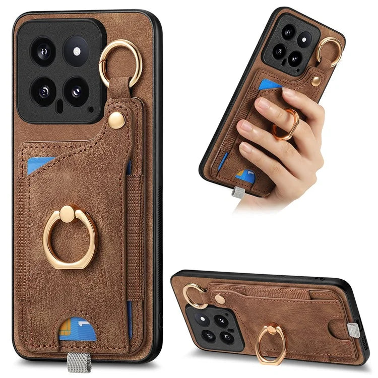 For Xiaomi 14 Case Leather Card Holder Ring Kickstand Back Cover