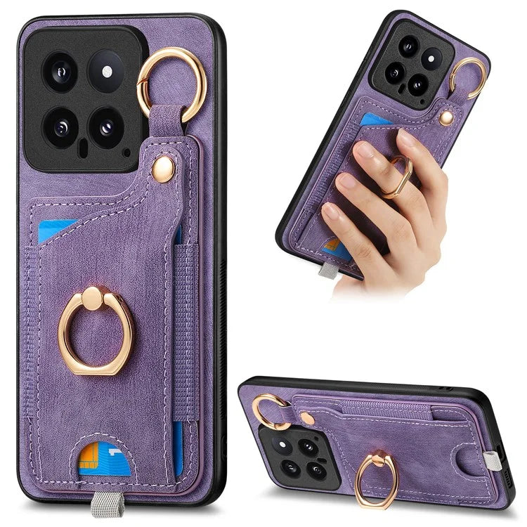 For Xiaomi 14 Case Leather Card Holder Ring Kickstand Back Cover