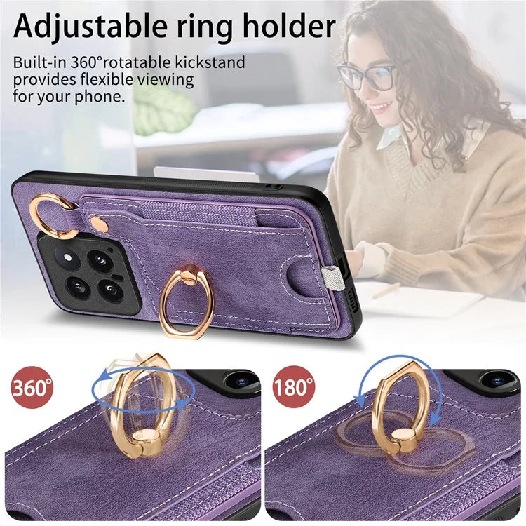 For Xiaomi 14 Case Leather Card Holder Ring Kickstand Back Cover