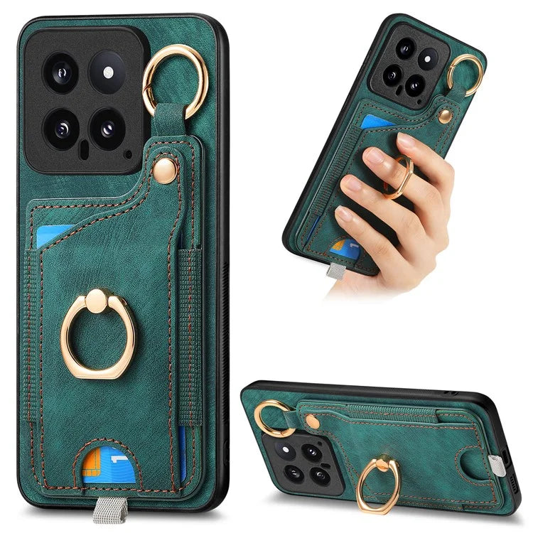 For Xiaomi 14 Case Leather Card Holder Ring Kickstand Back Cover